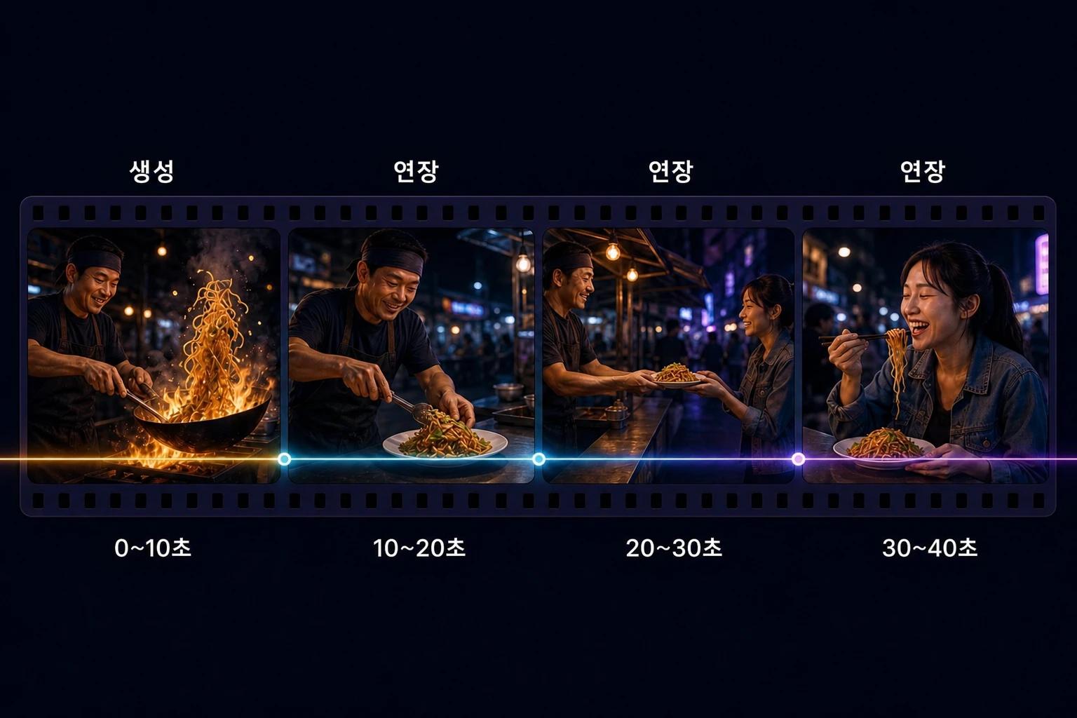 10초 구간 네 개로 나뉜 필름 스트립 타임라인. 첫 구간은 생성, 나머지 세 구간은 연장해 40초까지 이어지는 하나의 길거리 음식 이야기