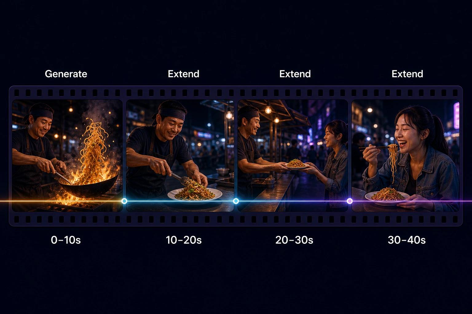 Film strip timeline in four 10-second segments, one generated and three extended, telling one continuous street-food story up to 40 seconds