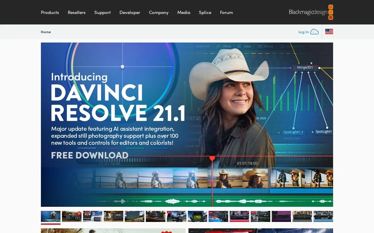 Screenshot of the DaVinci Resolve Studio by Blackmagic Design website