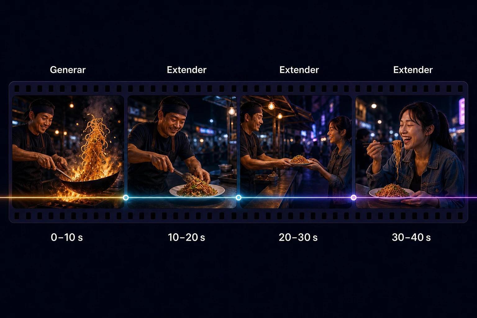 Línea de tiempo en forma de tira de película con cuatro tramos de 10 segundos, uno generado y tres extendidos, que cuentan una historia continua de comida callejera hasta los 40 segundos