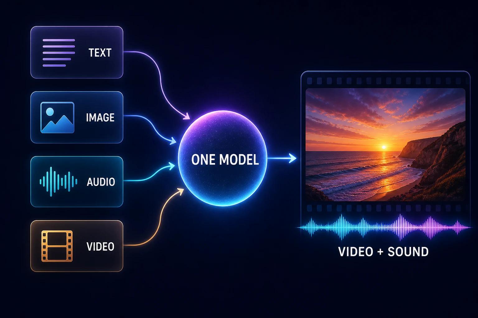 Diagram: text, image, audio and video inputs feed into one model that outputs video with sound