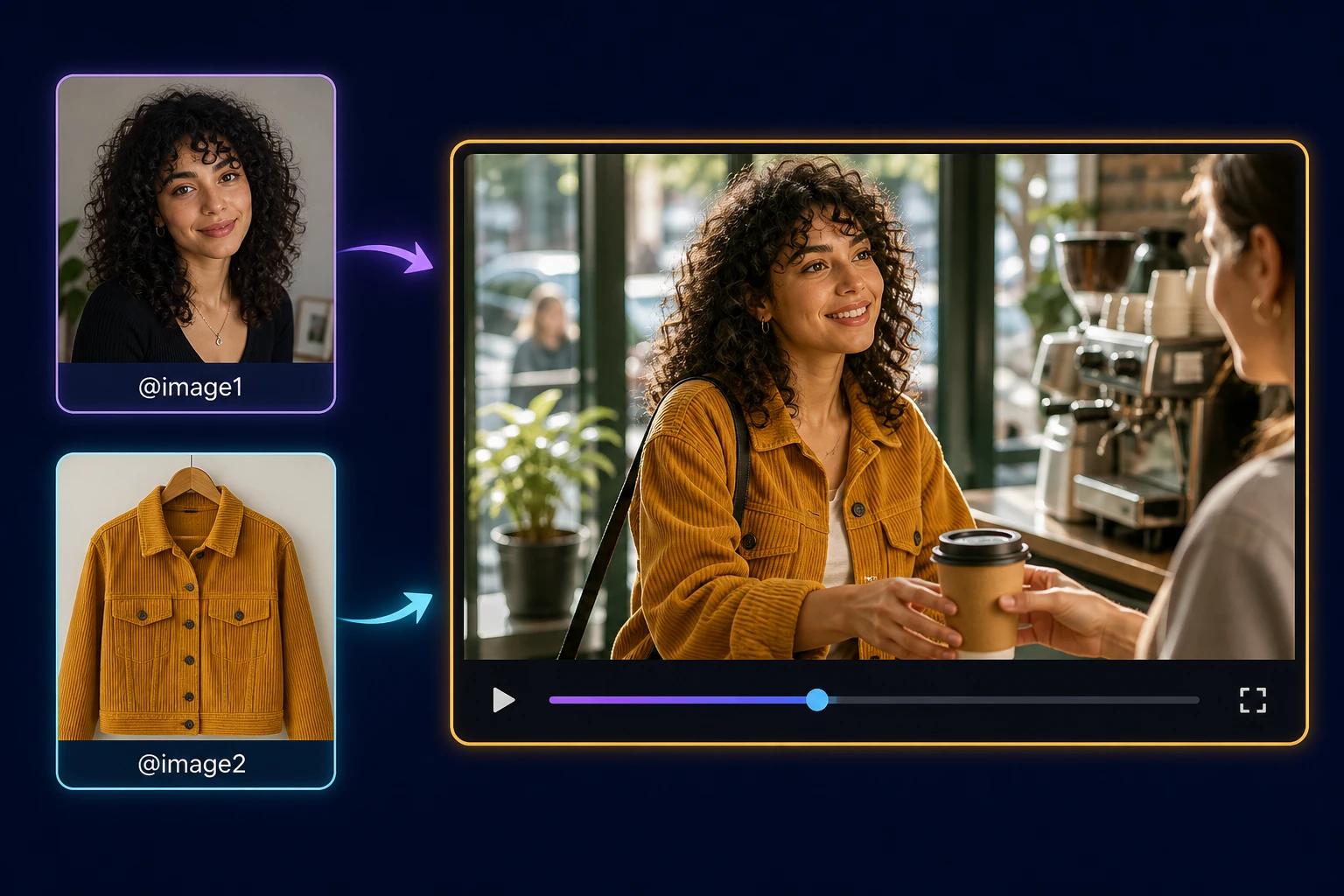 Two reference images tagged @image1 (a woman) and @image2 (a mustard jacket) combined into a video frame of the woman wearing the jacket in a cafe