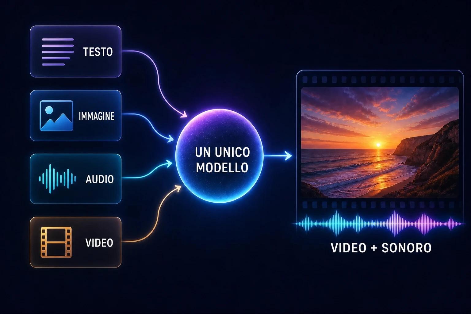 Schema: testo, immagini, audio e video entrano in un unico modello che restituisce un video con sonoro