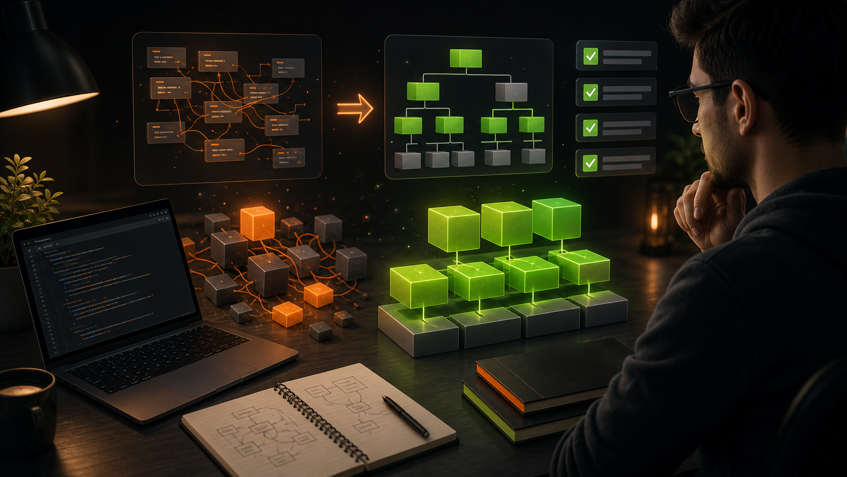 Clean code represented as organized modules and a code review workflow