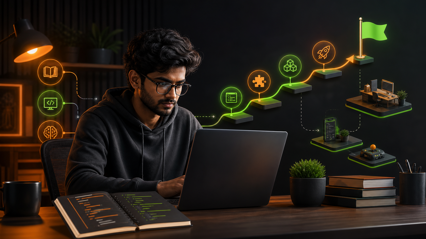 A learner working through a programming roadmap with orange and green progress markers
