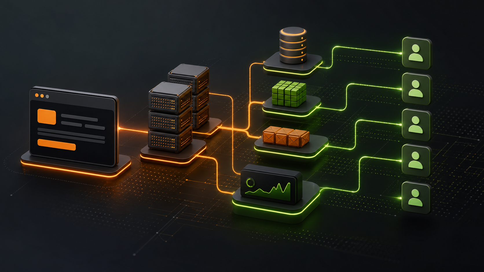 A scalable app architecture with server, database, cache, queue, monitoring, and users