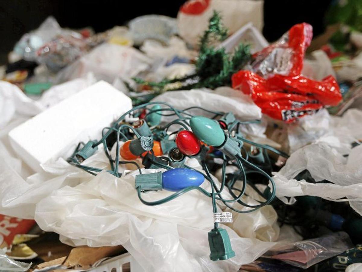 Styrofoam, plastic film, and holiday lights