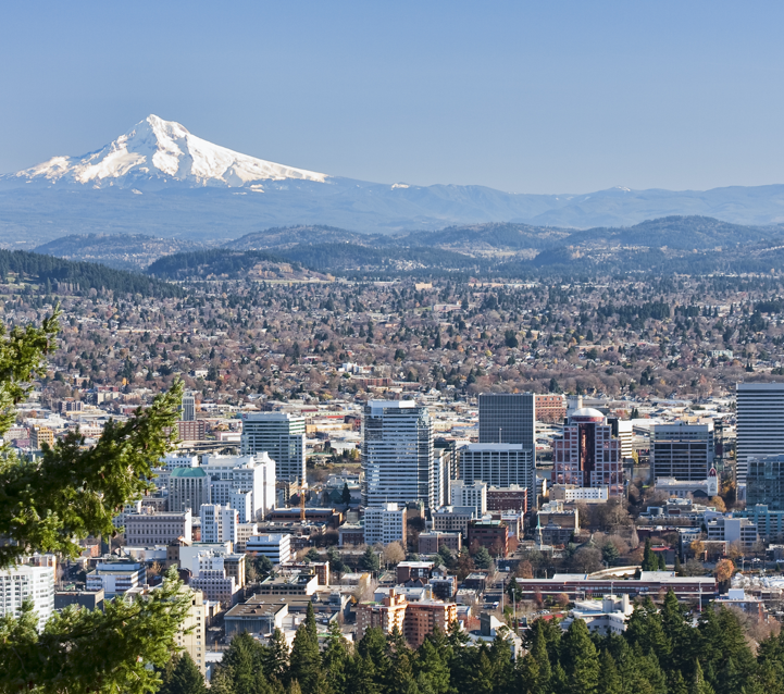 Scenic photo of Portland with Mount Hood in the background