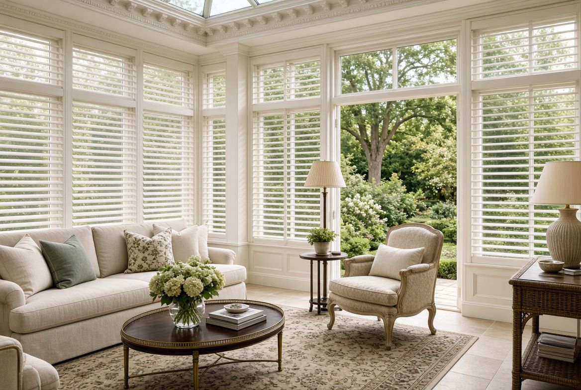 Bespoke plantation shutters in a classic Surrey conservatory – combining timeless English style with practical light control and insulation.