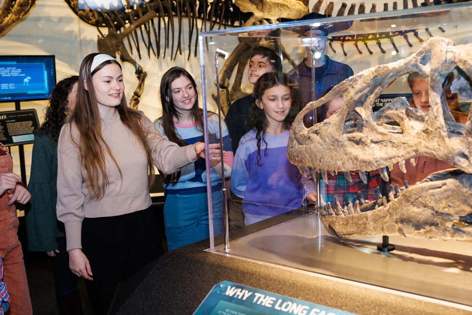 An Inspire tour guide points to the skull of Ebenezer the Allosaurus as students examine the dinosaur fossil exhibit during a guided experience at the Creation Museum in Petersburg, Kentucky.
