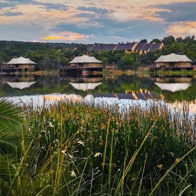 Luxury safari accommodations overlooking a peaceful lake surrounded by lush vegetation at Hippo Lakes in South Africa.