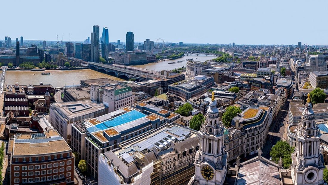 London cityscape at dusk viewed from St. Paul's Cathedral.