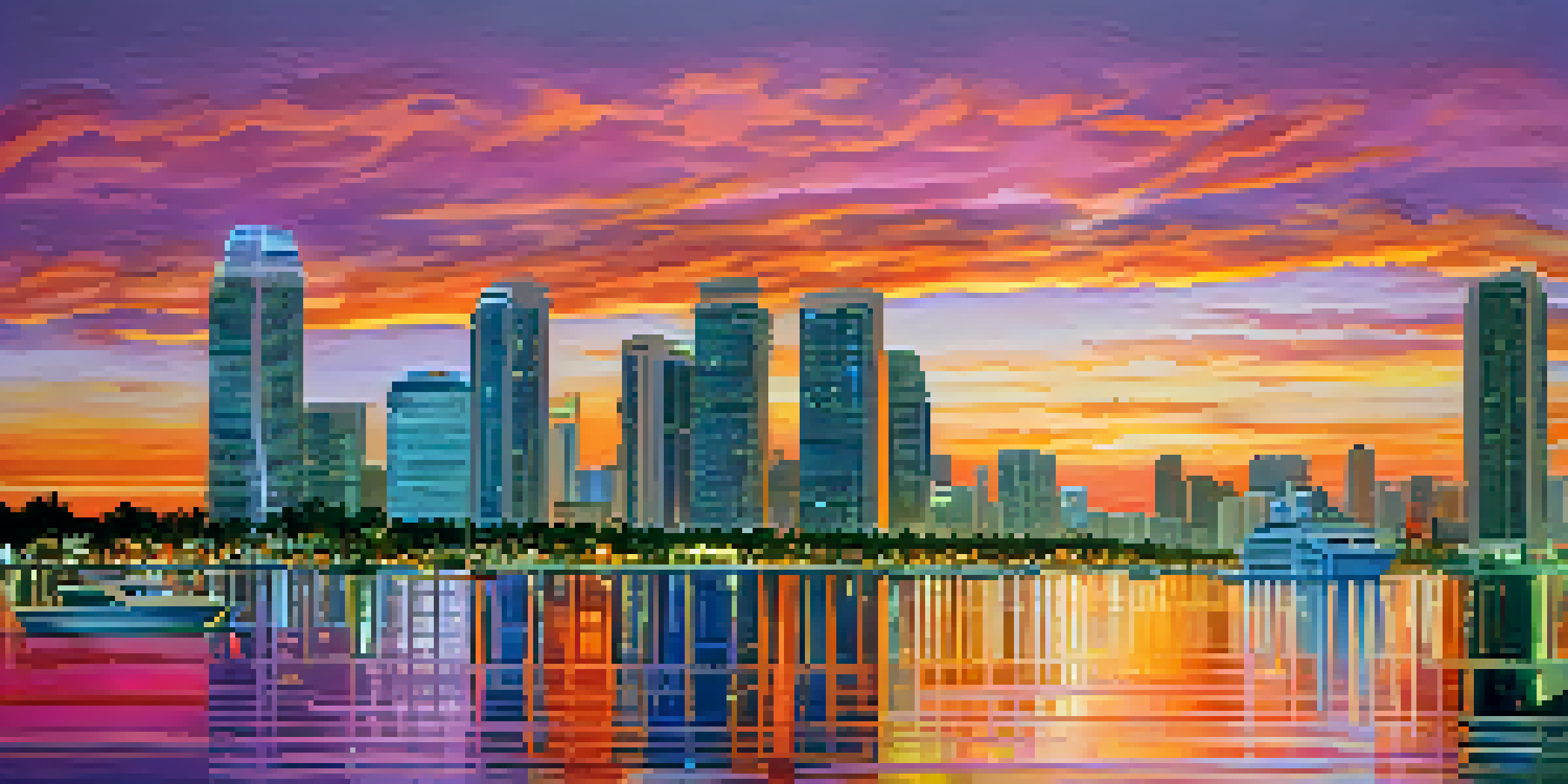 A sunset view of Miami's skyline with modern skyscrapers and historical buildings reflecting in the water, framed by palm trees.