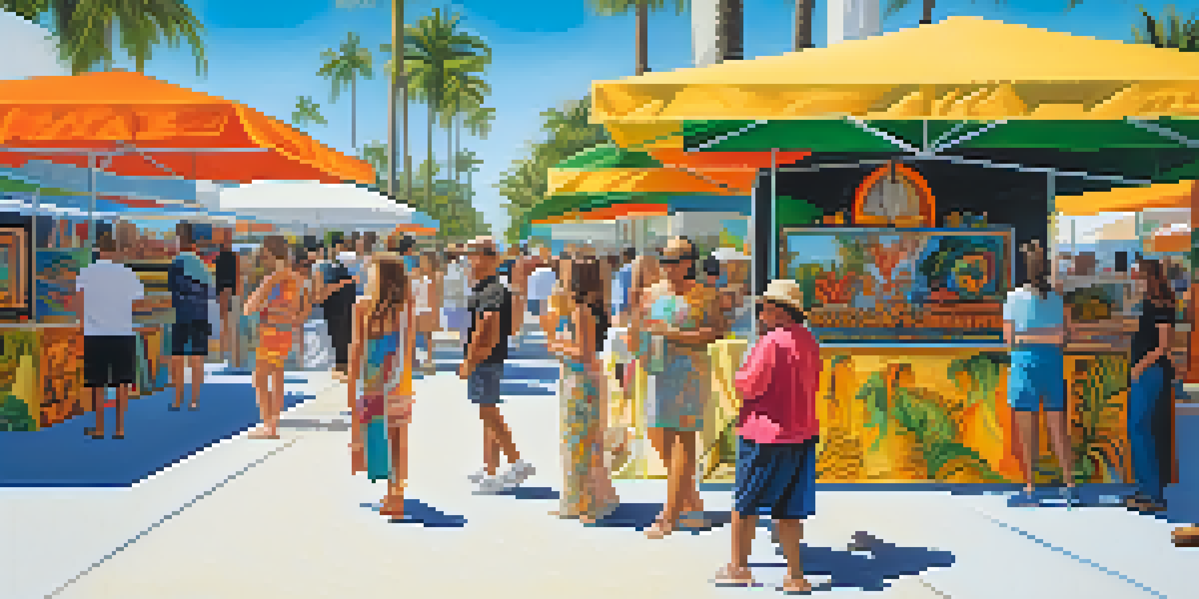 A colorful outdoor art exhibition in Miami with people admiring artworks and palm trees in the background.