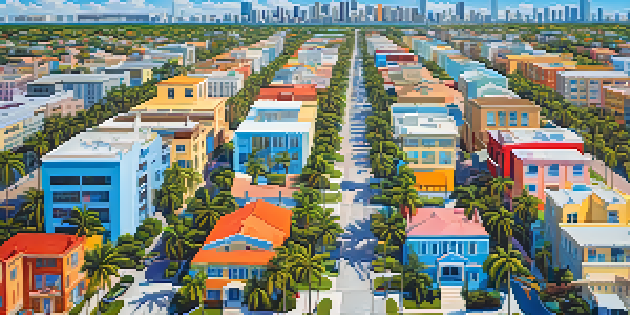Aerial view of a diverse Miami neighborhood with public and private schools surrounded by palm trees and colorful buildings.