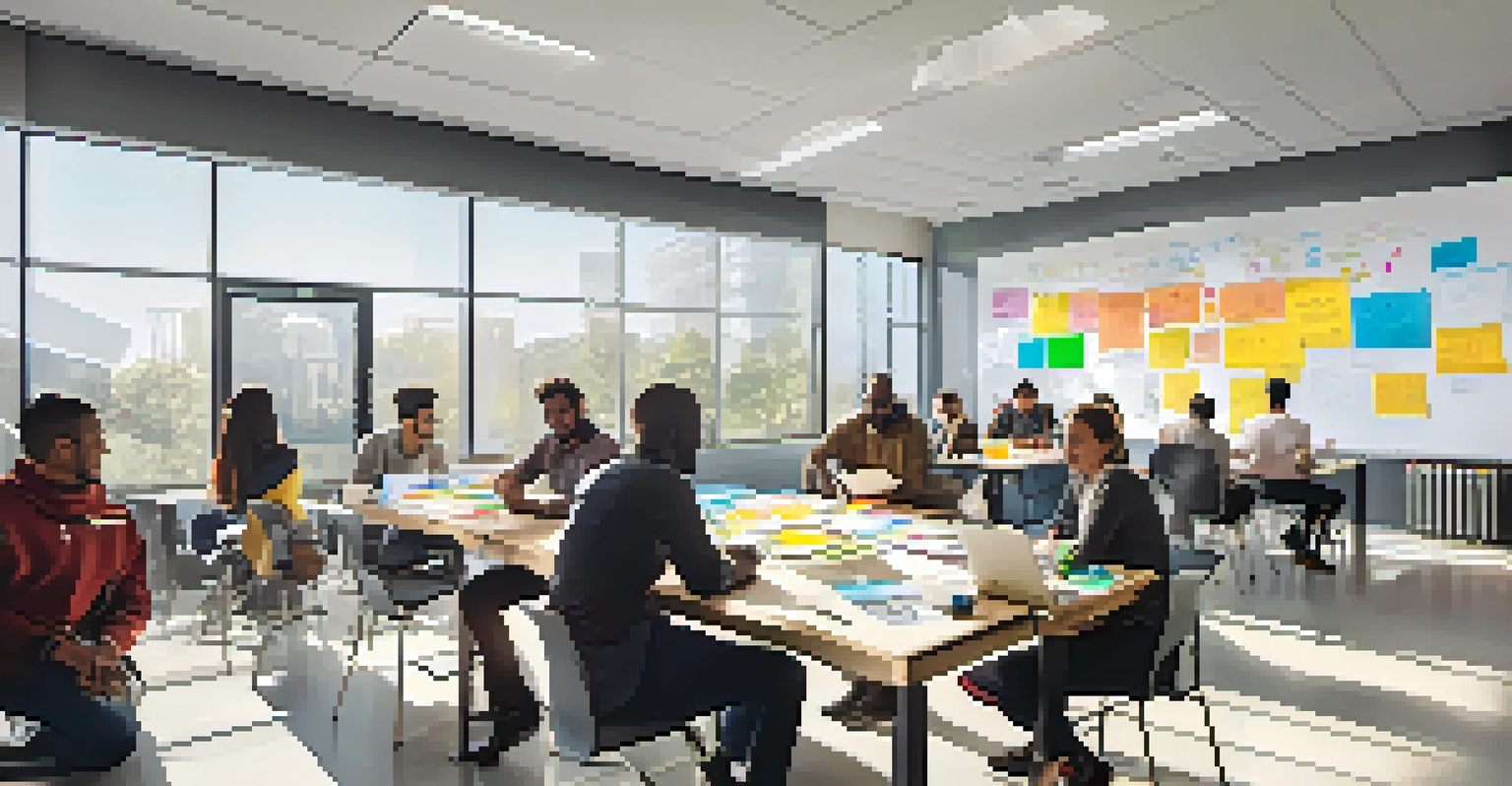 A university incubator workshop with diverse entrepreneurs brainstorming around a table, filled with diagrams and laptops.