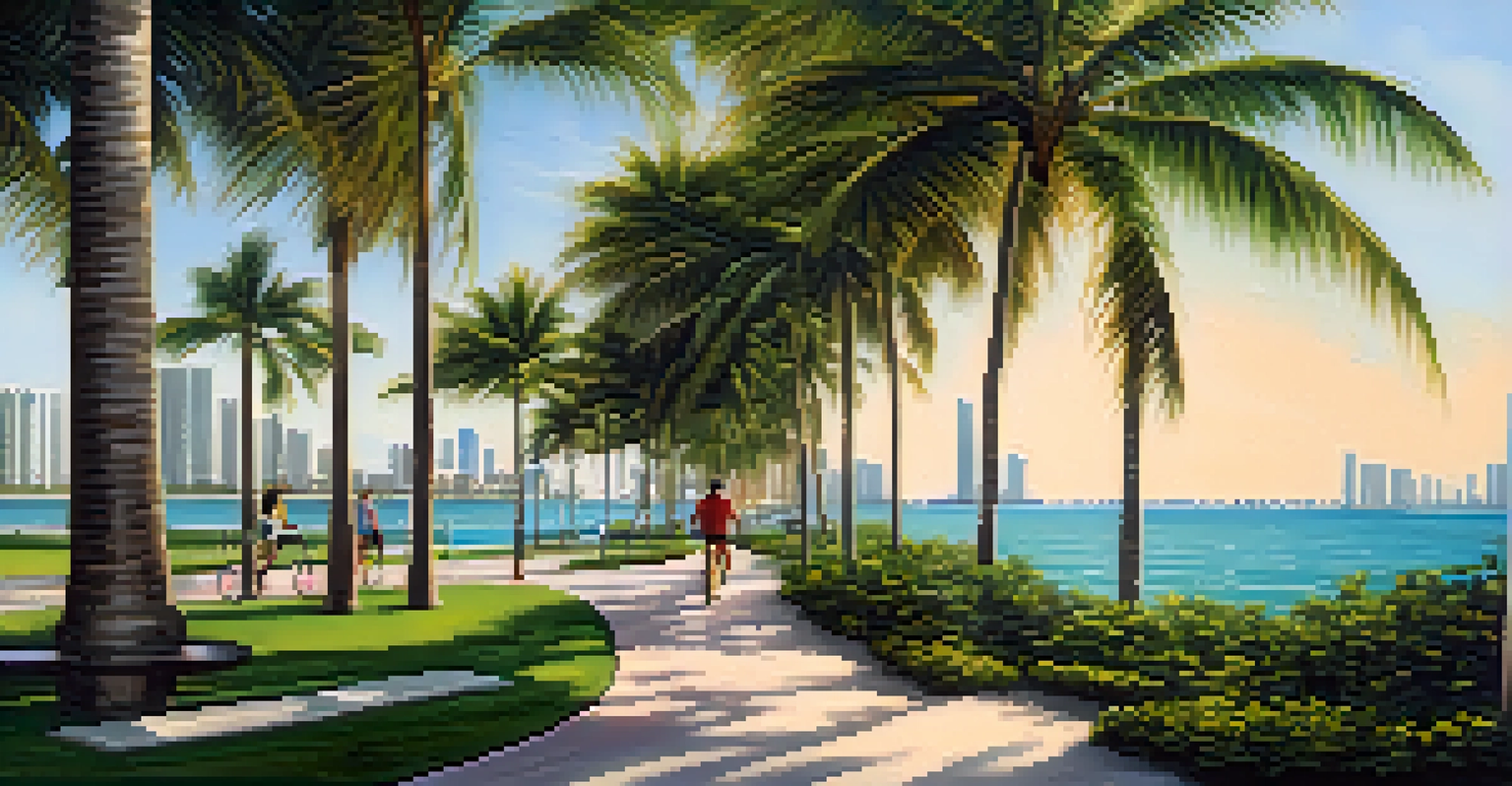 A picturesque scene of South Pointe Park in Miami, showing people jogging, cycling, and practicing Tai Chi along a waterfront path.