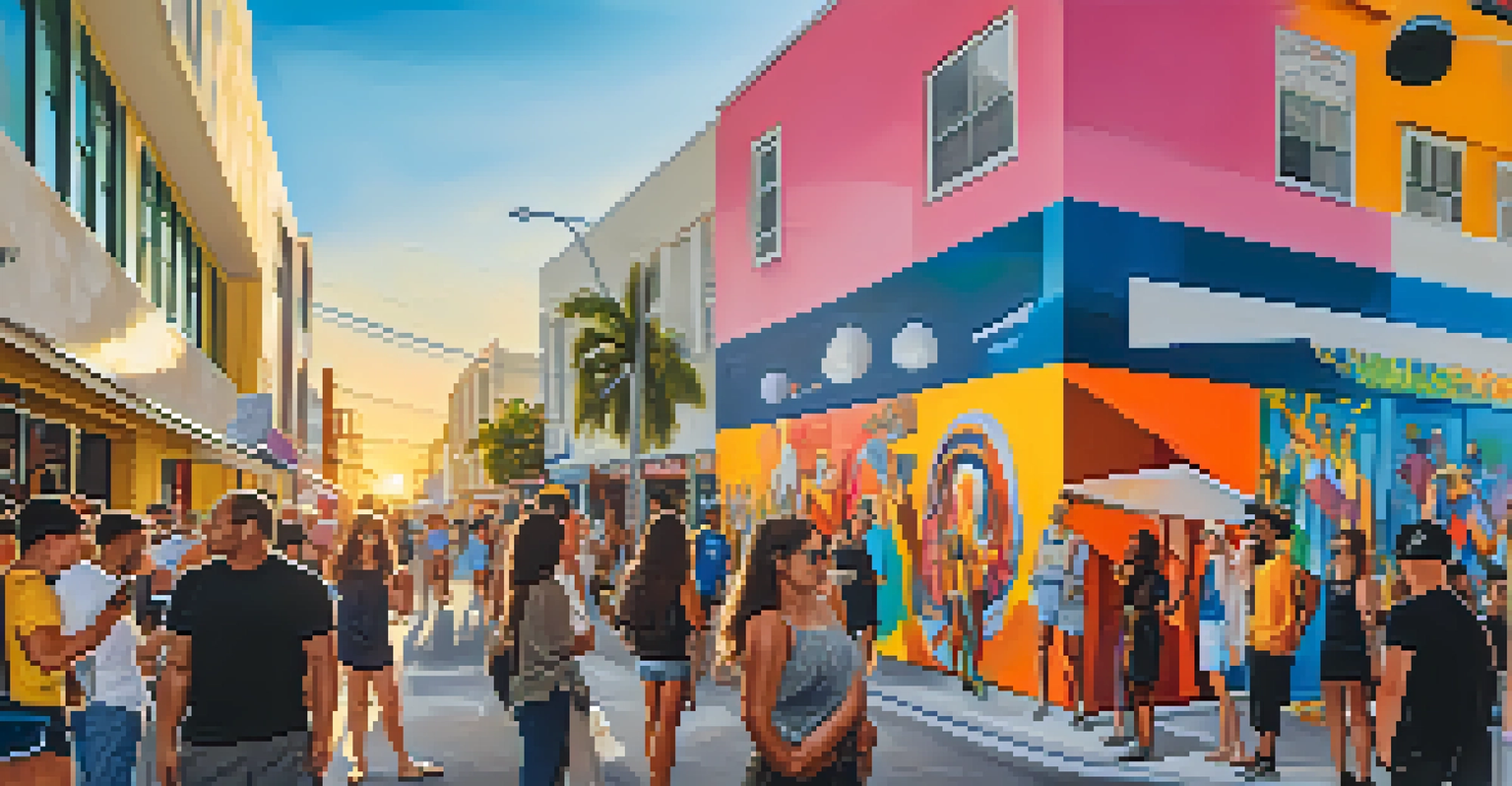 A bustling Art Walk in Wynwood, Miami, featuring colorful murals and crowds enjoying the artistic environment at sunset.