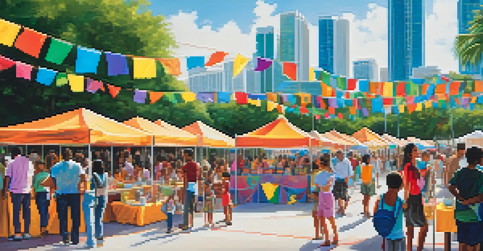 An outdoor educational festival in Miami celebrating diversity, with booths, families, and children engaged in activities against the skyline.