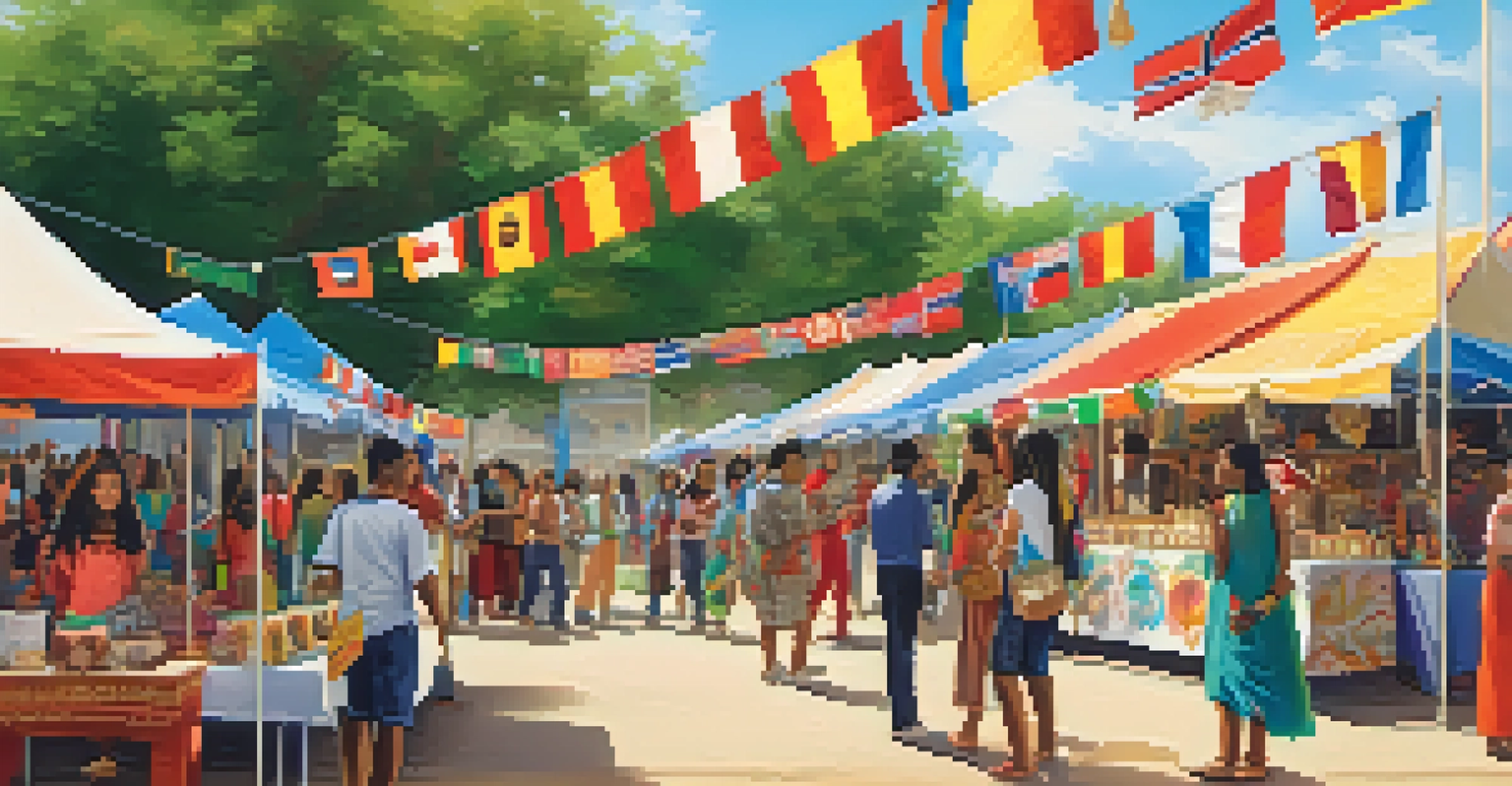Students participating in a multicultural fair with colorful booths representing different cultures, filled with food and traditional decorations.