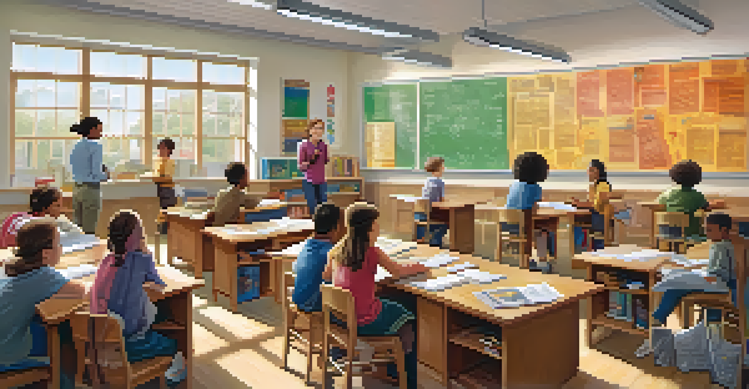 Students of diverse backgrounds engaged in a lively discussion in a bright public school classroom.