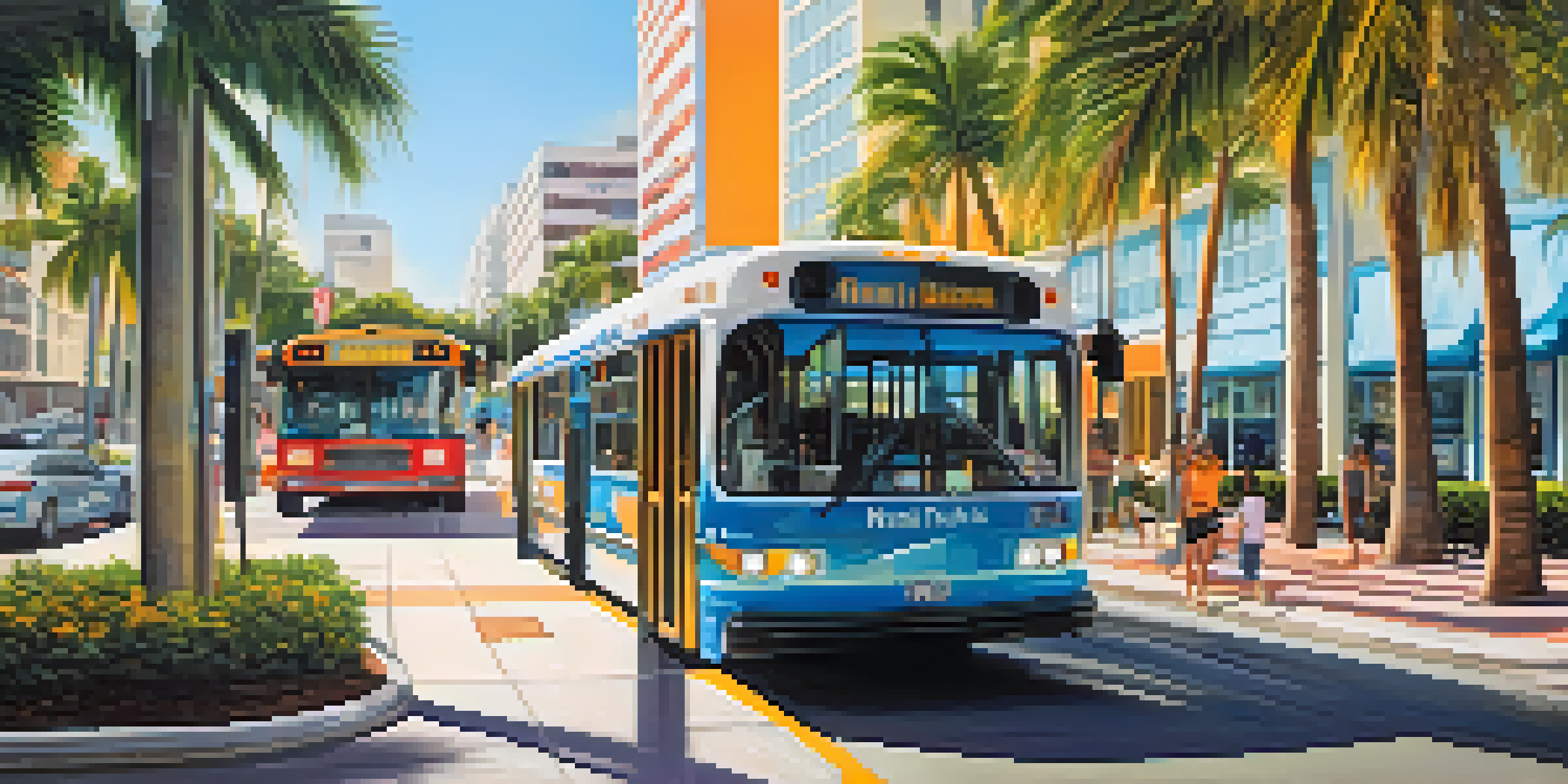 A low-floor Miami public transit bus at a bus stop with diverse riders, including individuals with mobility challenges, under bright sunlight with palm trees in the background.