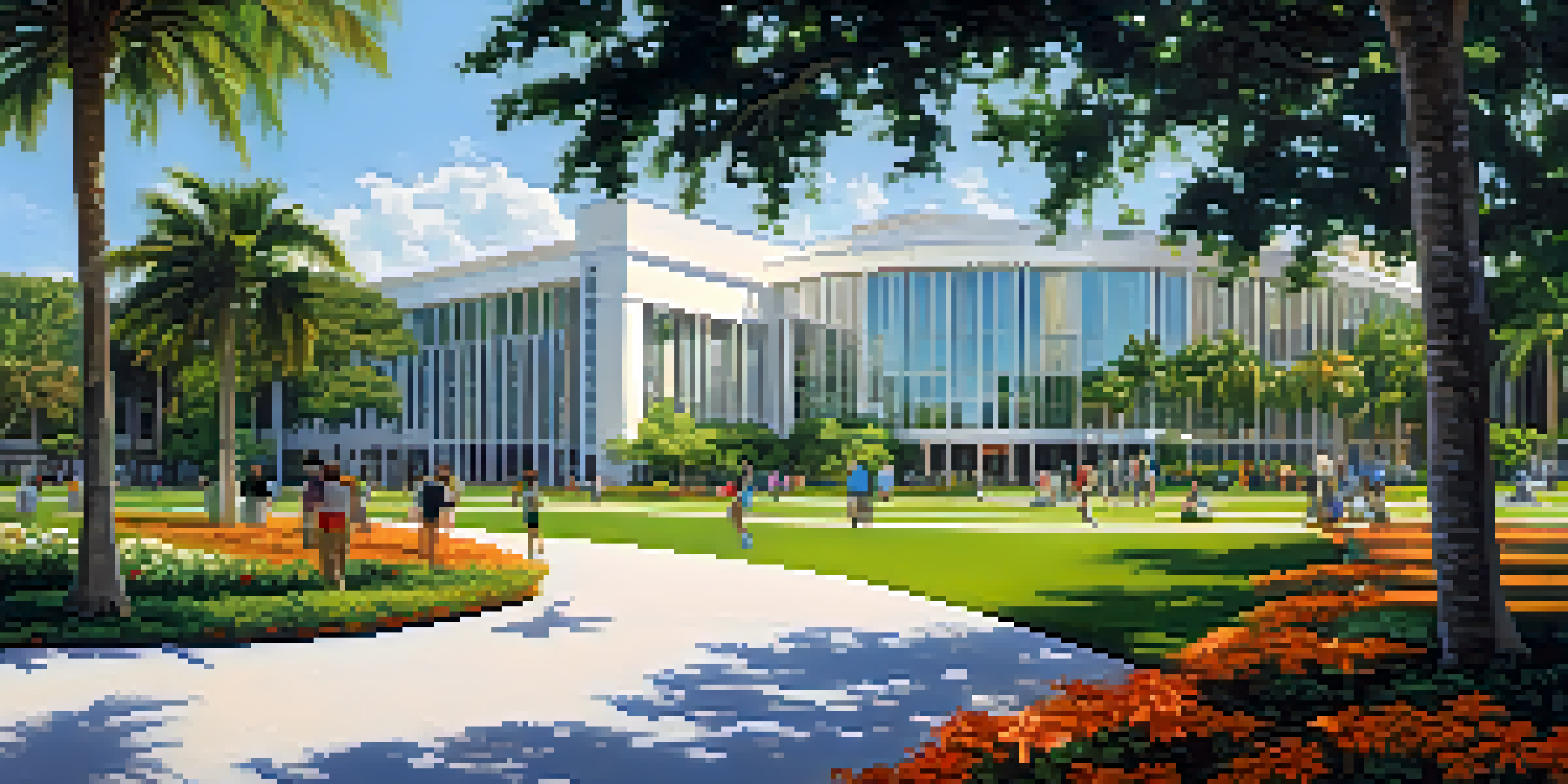 A panoramic view of the University of Miami campus with students engaging in research activities amidst lush greenery and vibrant flowers under a clear blue sky.