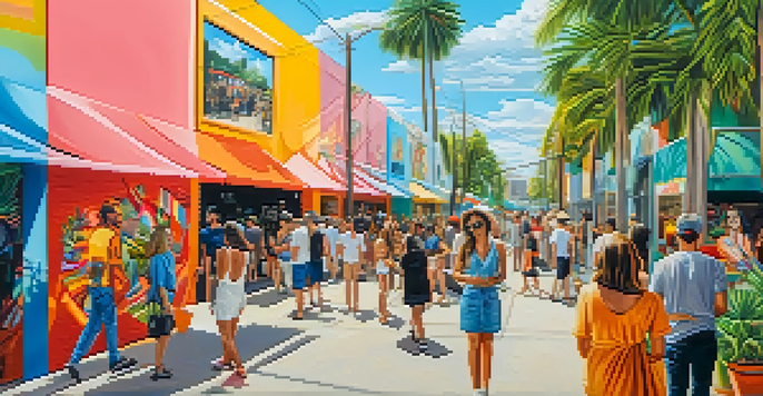 A lively street scene in Wynwood Arts District with local artists painting murals and people exploring souvenir shops.
