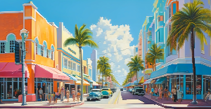 A lively street in the Art Deco Historic District of Miami Beach, featuring pastel-colored buildings and people walking under a sunny sky.