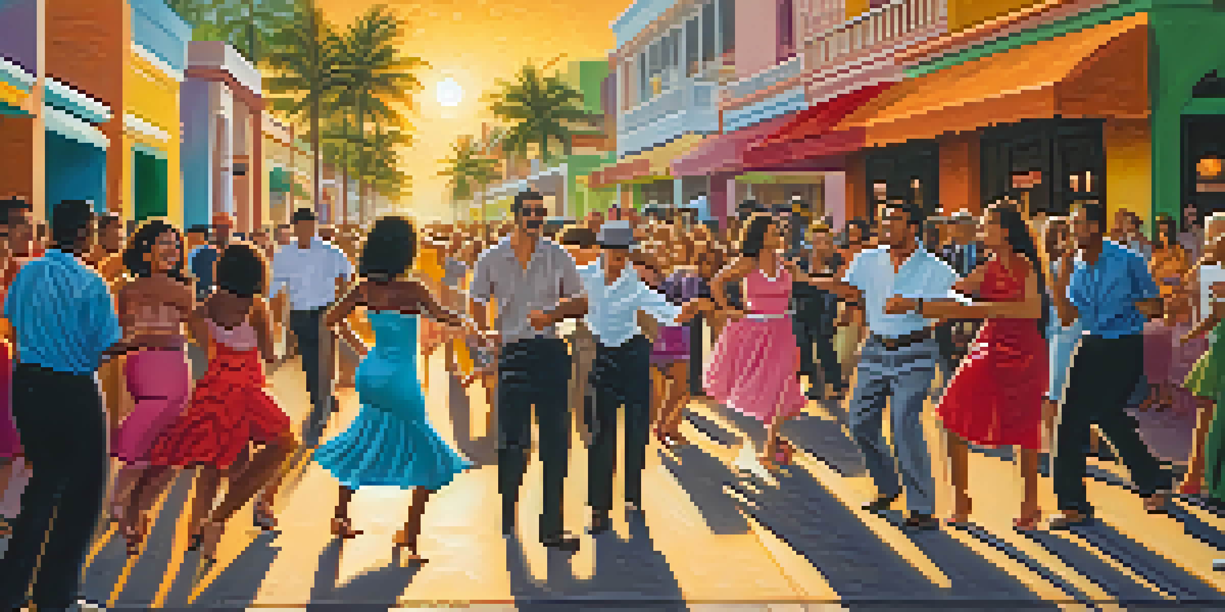 A vibrant street scene in Little Havana with people dancing salsa, colorful murals, and a warm sunset glow.