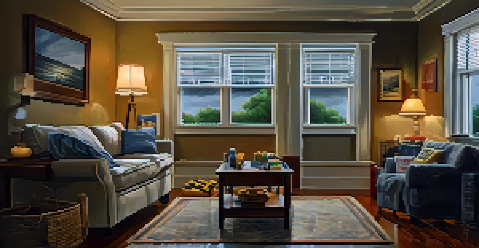 A living room prepared for a hurricane with secured storm shutters and an emergency kit on the table.