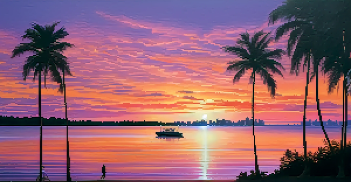 A sunset over Biscayne Bay with palm tree silhouettes and a small boat in the distance.