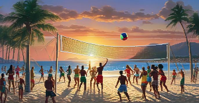 A beach volleyball match taking place at sunset, with players, spectators, and palm trees in the background.