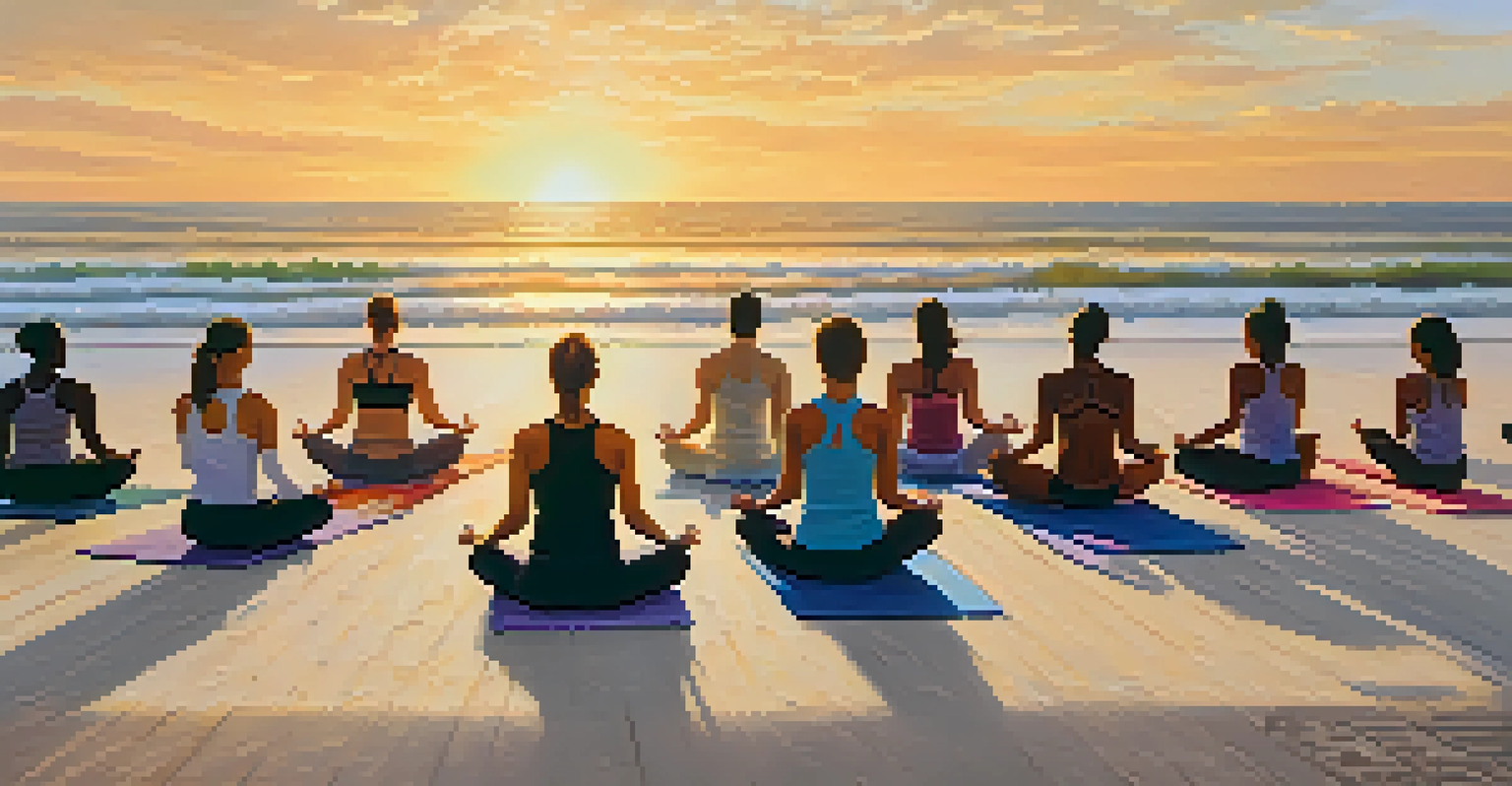 Participants practicing yoga on the beach at sunrise, with the ocean and gentle waves in the background.