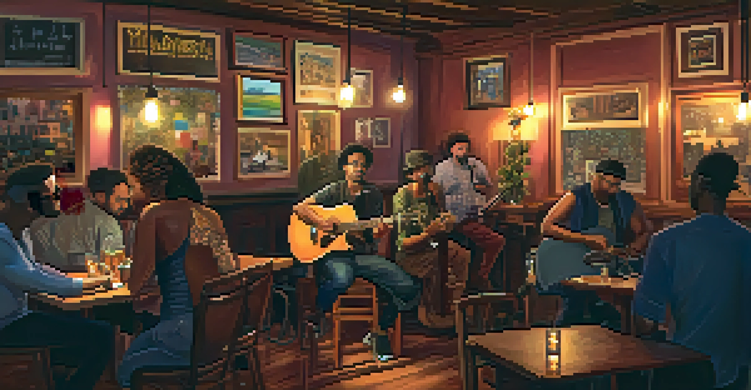An open-mic night in a cozy Miami café with musicians performing and an engaged audience.