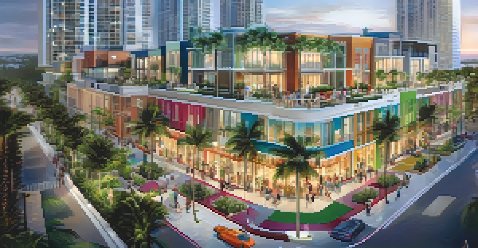 An aerial view of a mixed-use development in Miami with colorful buildings, green spaces, and people enjoying outdoor seating.