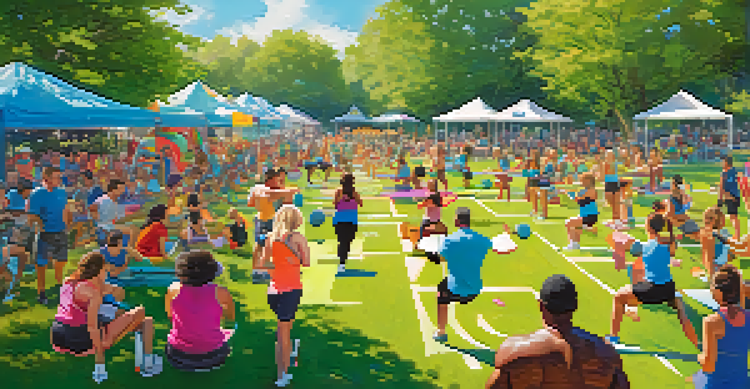 A lively outdoor fitness event in a park with people exercising together, surrounded by greenery and colorful banners.
