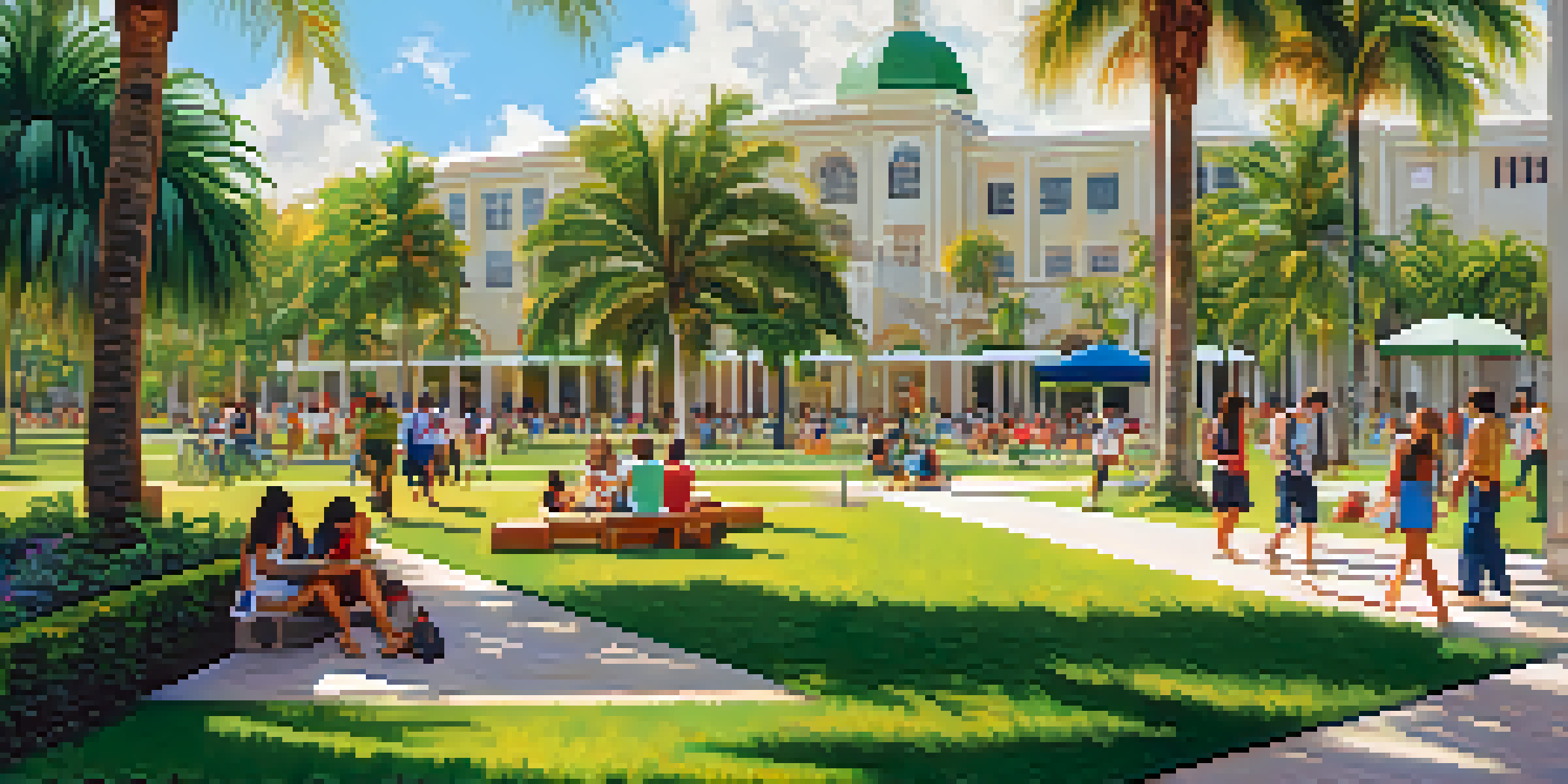 A lively university campus with students studying under palm trees, surrounded by university buildings and flowers.