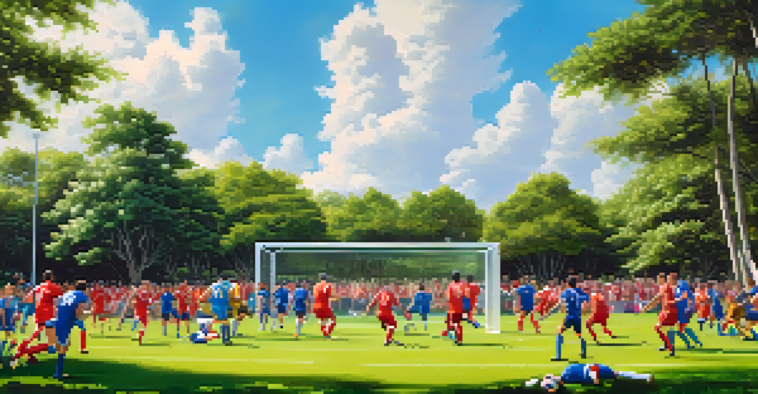 A vibrant spring soccer match on a green field surrounded by blooming flowers and cheering spectators.