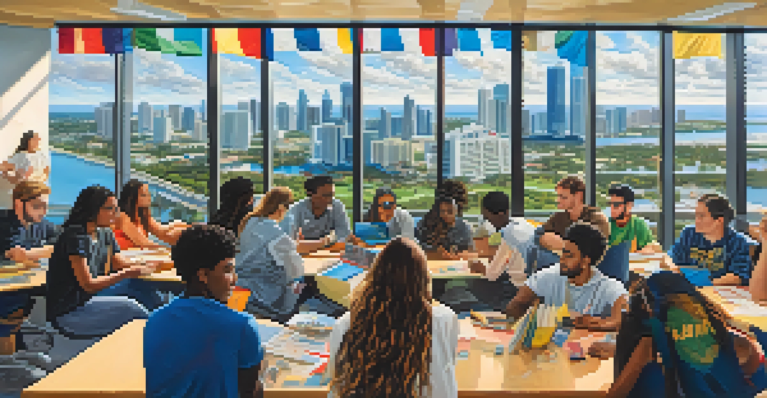 A classroom scene at Florida International University with diverse students collaborating on a project.