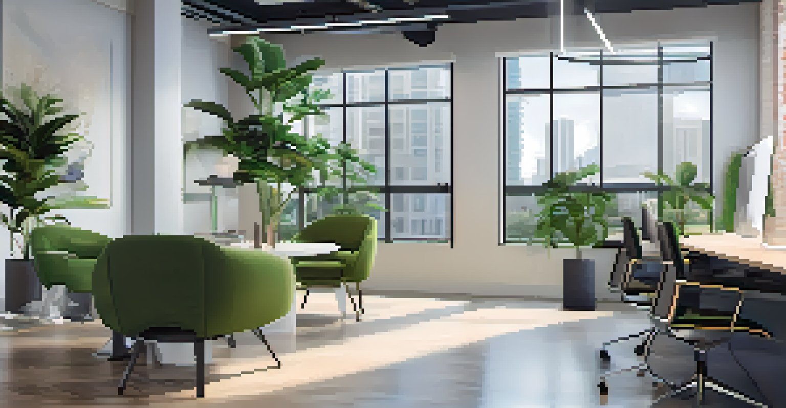 A modern co-working office space in Miami with natural light, sleek furniture, and professionals collaborating.