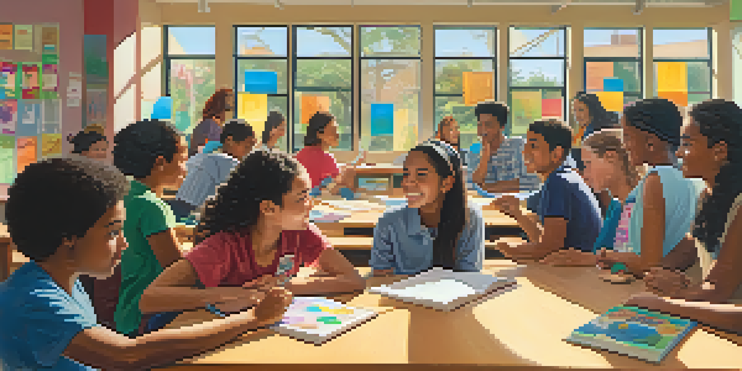 A diverse group of students engaged in a lively discussion in a brightly lit classroom, surrounded by colorful educational materials.