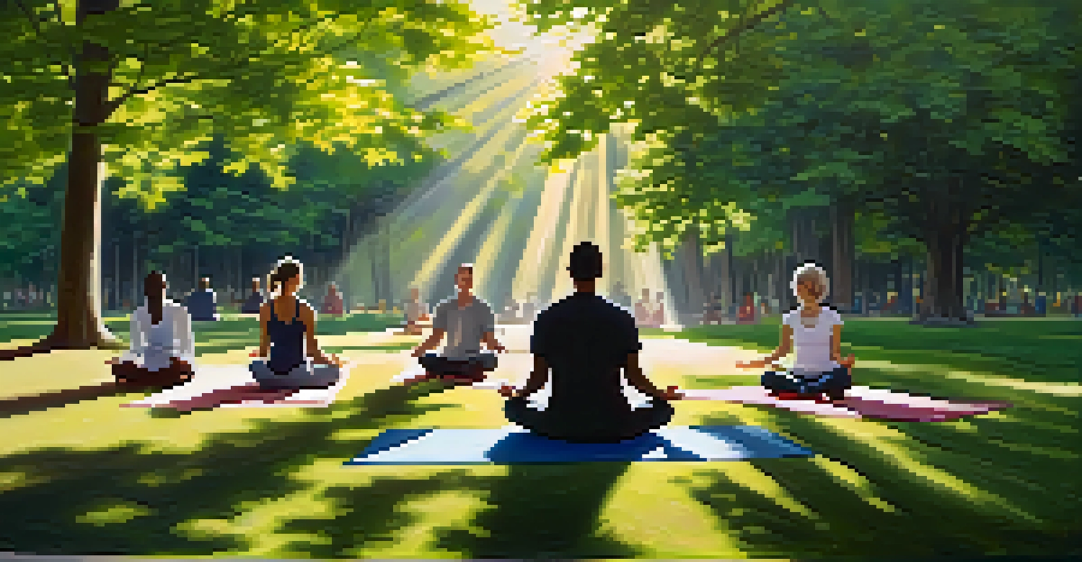 People meditating in a park, surrounded by trees and soft sunlight, creating a tranquil atmosphere.