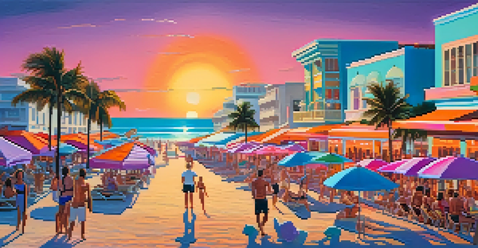 A colorful sunset over South Beach with Art Deco buildings, sunbathers, and palm trees.