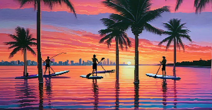 A beautiful sunset over the Miami coastline with people paddleboarding in the calm waters, surrounded by palm trees.