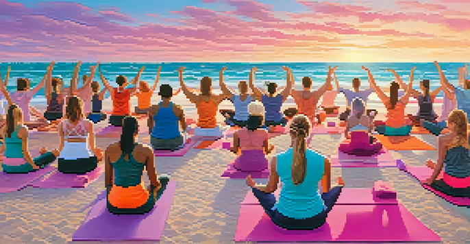 A group of diverse individuals practicing yoga on the beach at sunrise, with colorful mats and a picturesque ocean backdrop.