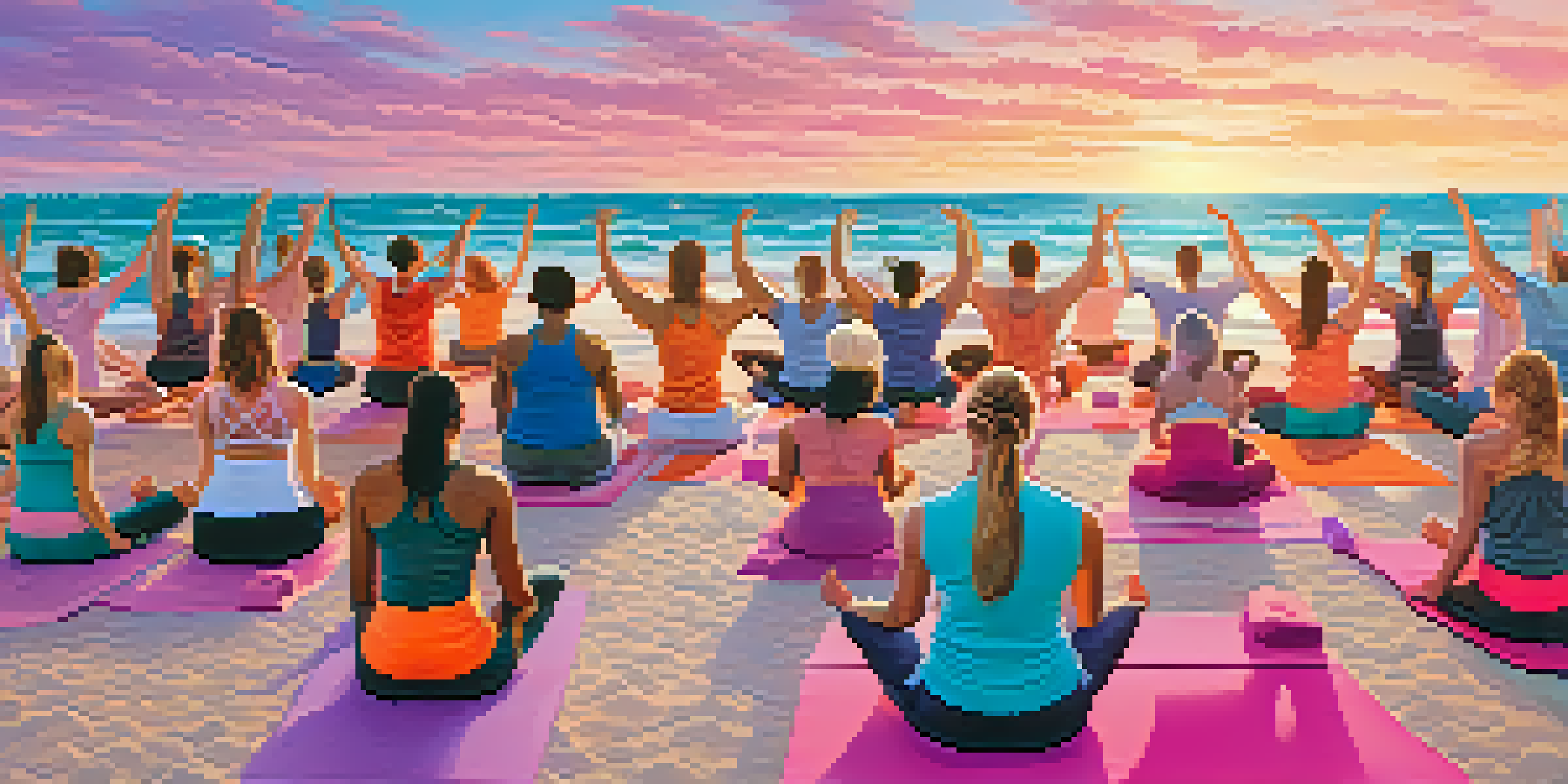A group of diverse individuals practicing yoga on the beach at sunrise, with colorful mats and a picturesque ocean backdrop.