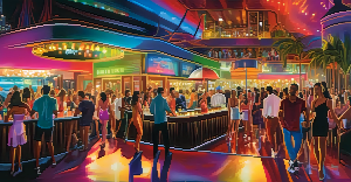 A lively South Beach nightclub filled with people dancing, colorful lights illuminating the room, and a DJ playing music.