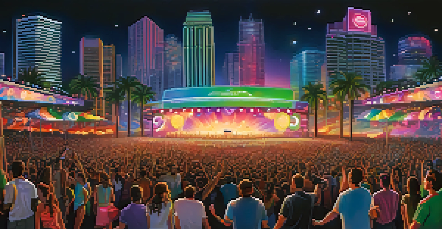 A panoramic view of Ultra Music Festival with an energetic crowd dancing under colorful lights at night.