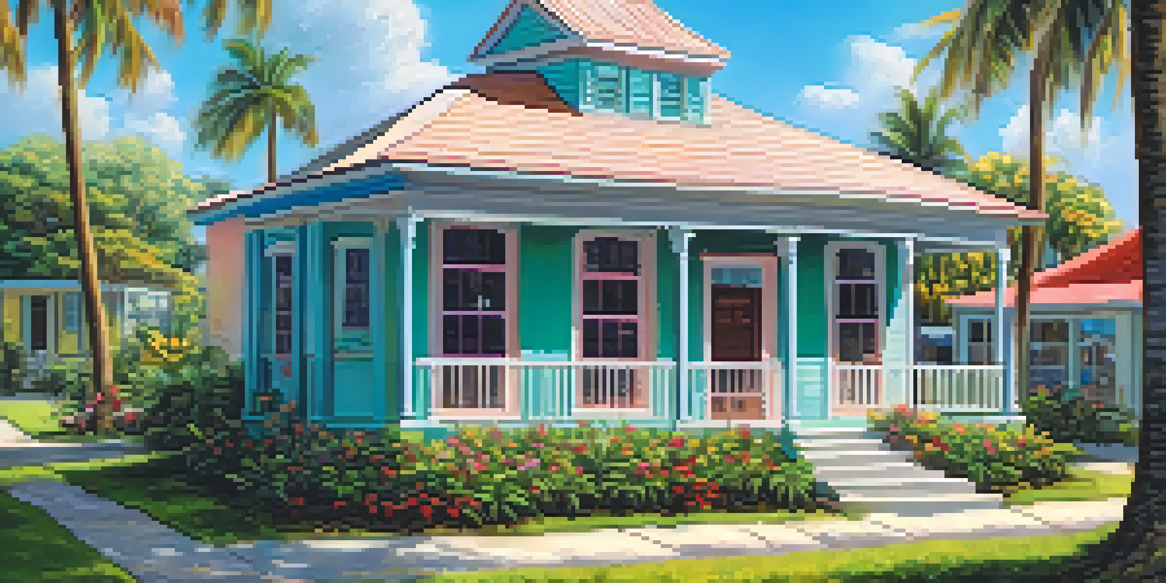 A historic one-room schoolhouse in early Miami surrounded by palm trees and colorful flowers, with children playing outside.
